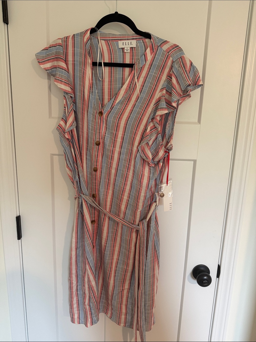 ELLE Pink and Blue Striped Tie-Waist Casual Dress